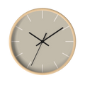 Ivory grey beige silent wall clock, wooden base, black hands, off white markers, 10 inch, front view.