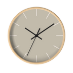 Ivory grey beige silent wall clock, wooden base, black hands, off white markers, 10 inch, front view.