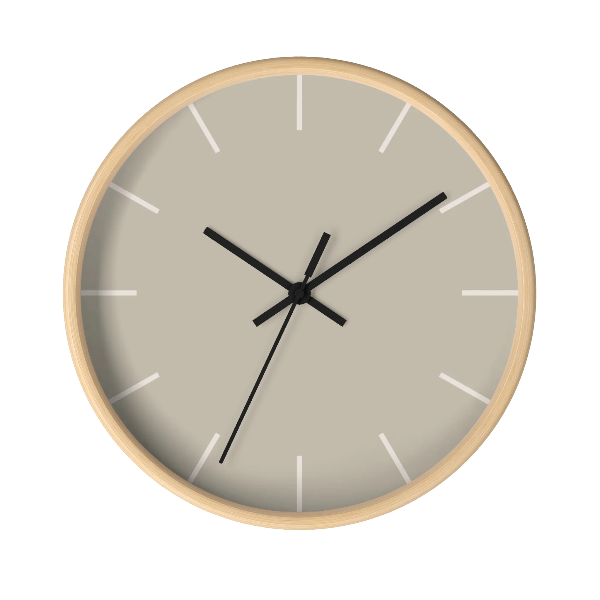 Ivory grey beige silent wall clock, wooden base, black hands, off white markers, 10 inch, front view.