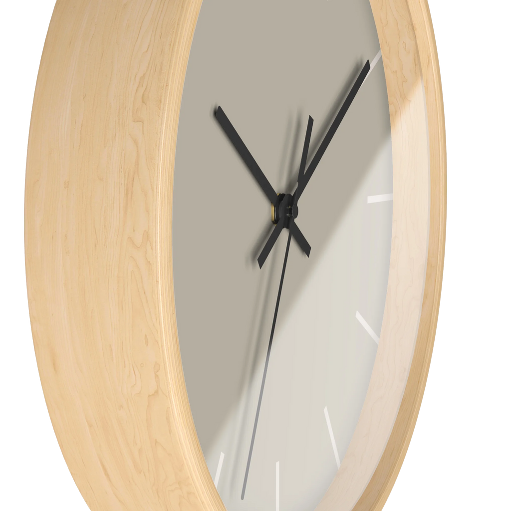 Ivory grey beige silent wall clock, wooden base, black hands, off white markers, 10 inch, side view.