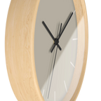 Ivory grey beige silent wall clock, wooden base, black hands, off white markers, 10 inch, side view.