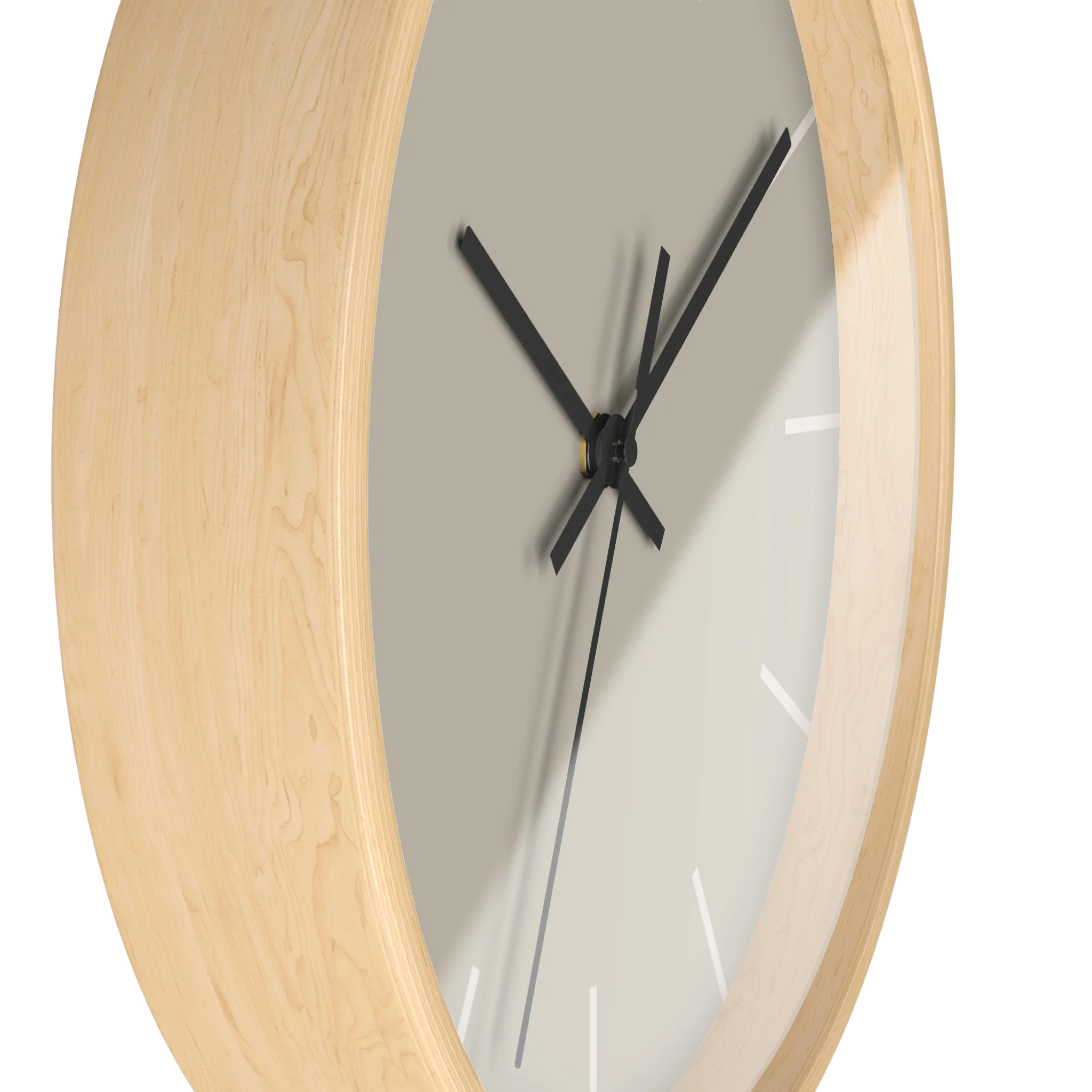 Ivory grey beige silent wall clock, wooden base, black hands, off white markers, 10 inch, side view.
