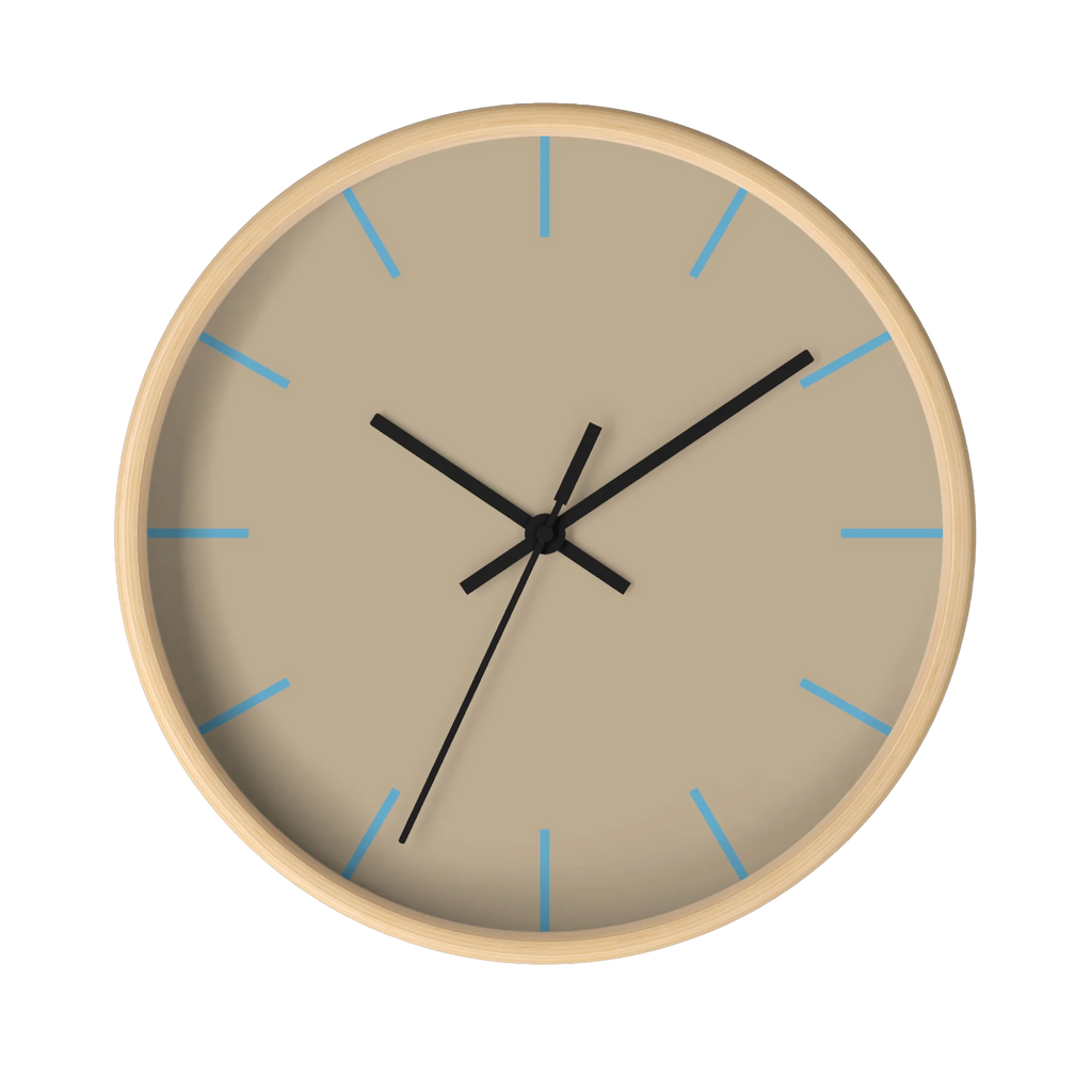 Beige jute silent wall clock, wooden base, black hands, vintage aqua markers, 10 inch, front view.