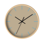 Beige jute silent wall clock, wooden base, black hands, vintage aqua markers, 10 inch, front view.