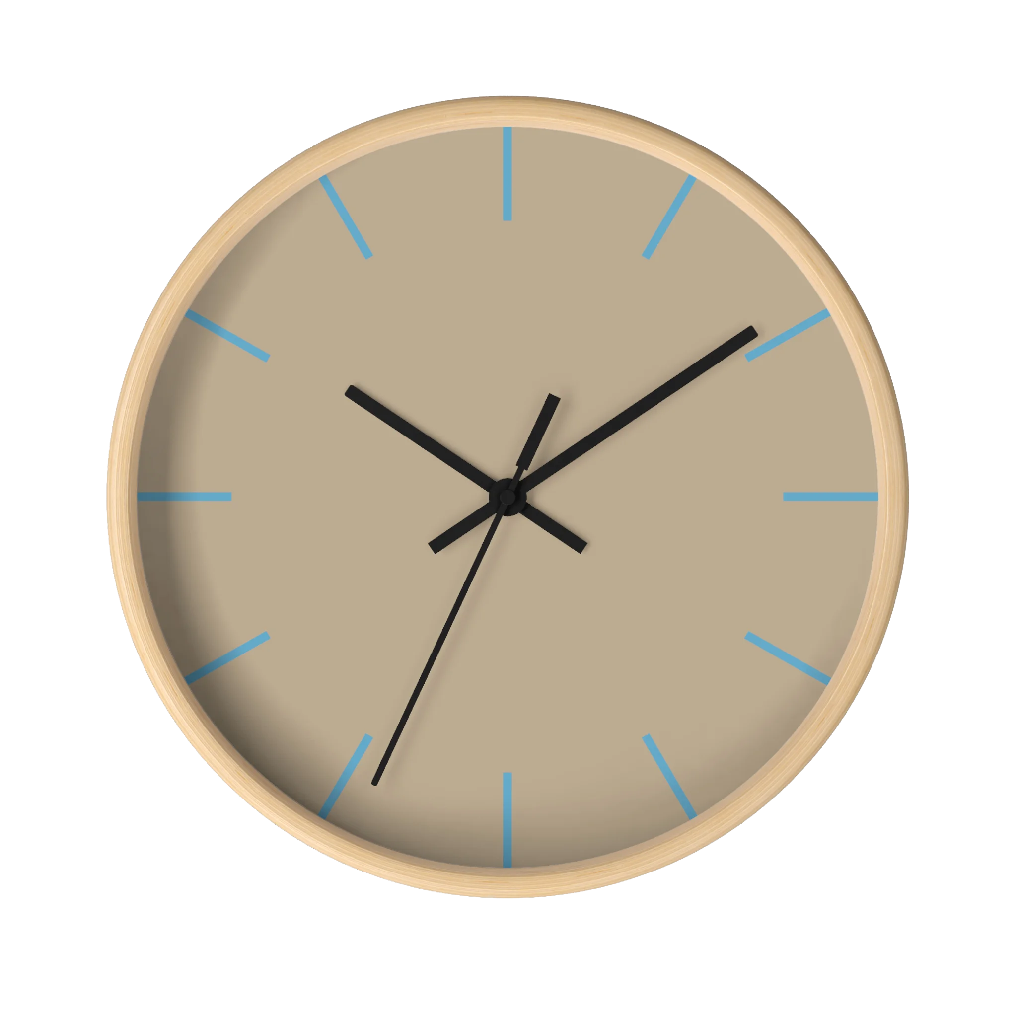 Beige jute silent wall clock, wooden base, black hands, vintage aqua markers, 10 inch, front view.
