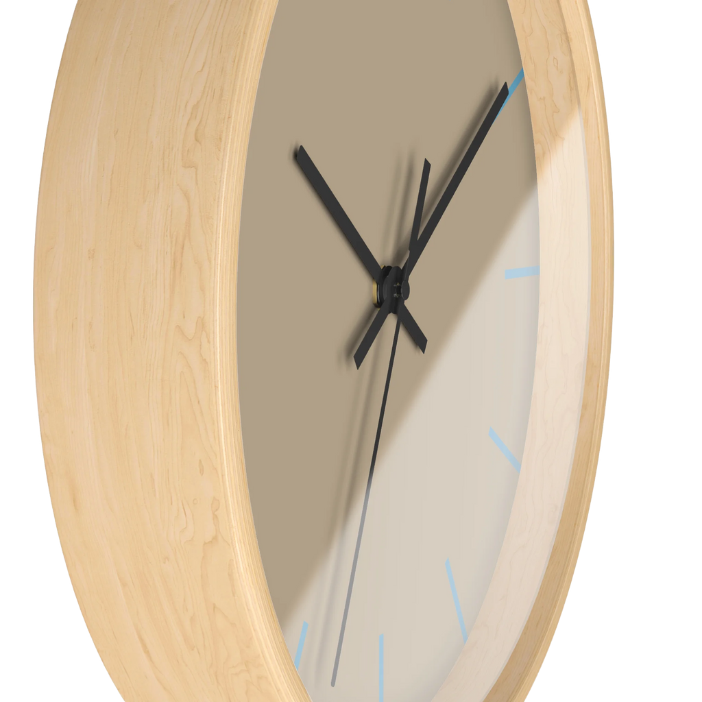 Beige jute silent wall clock, wooden base, black hands, vintage aqua markers, 10 inch, side view.