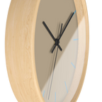 Beige jute silent wall clock, wooden base, black hands, vintage aqua markers, 10 inch, side view.