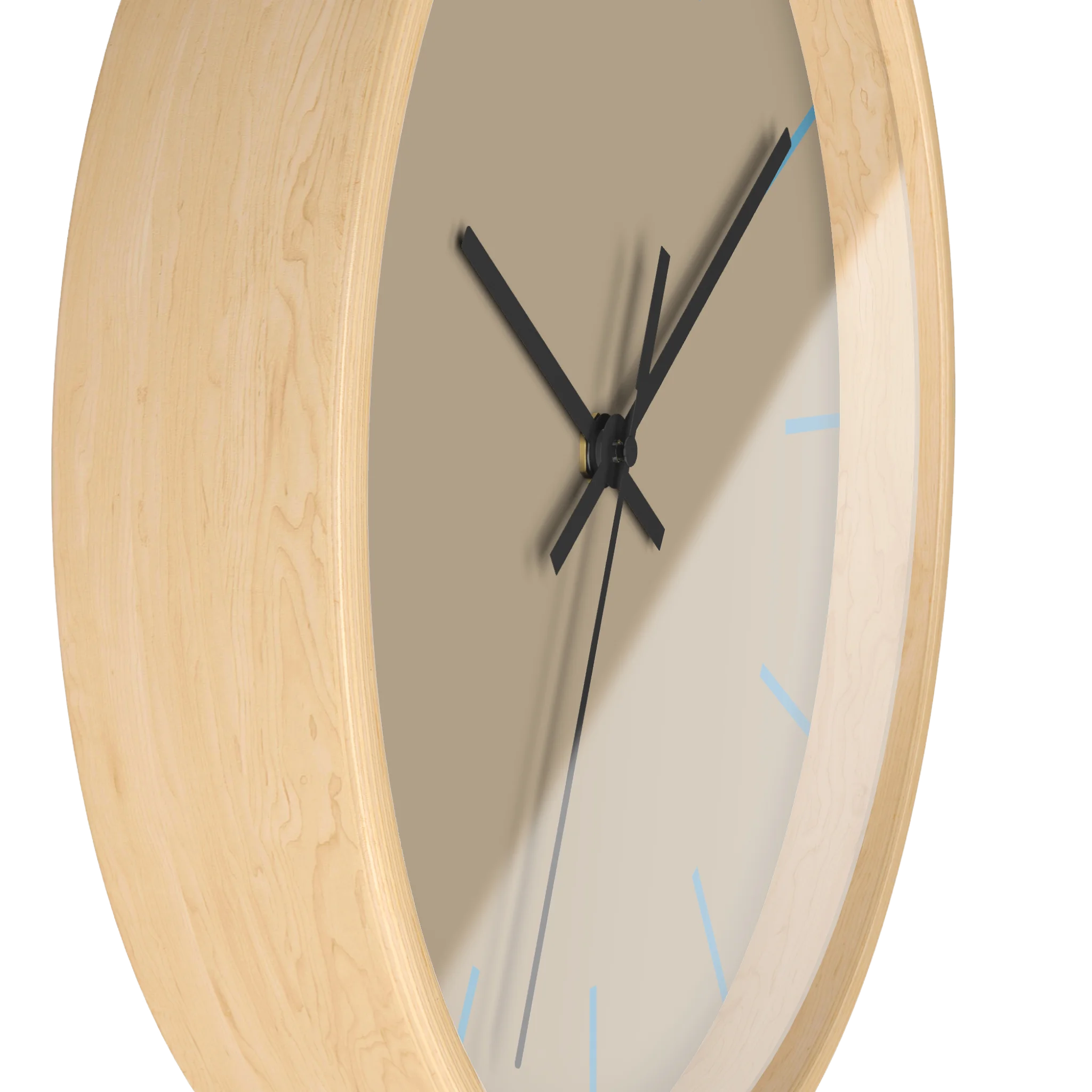 Beige jute silent wall clock, wooden base, black hands, vintage aqua markers, 10 inch, side view.