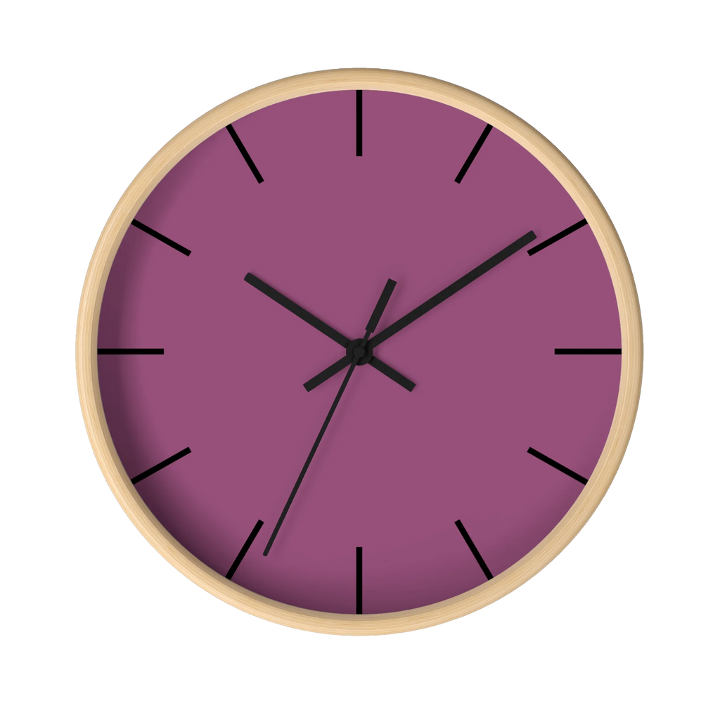 Lavender red plum silent wall clock, wooden base, black hands, black markers, 10 inch, front view.