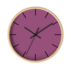 Lavender red plum silent wall clock, wooden base, black hands, black markers, 10 inch, front view.