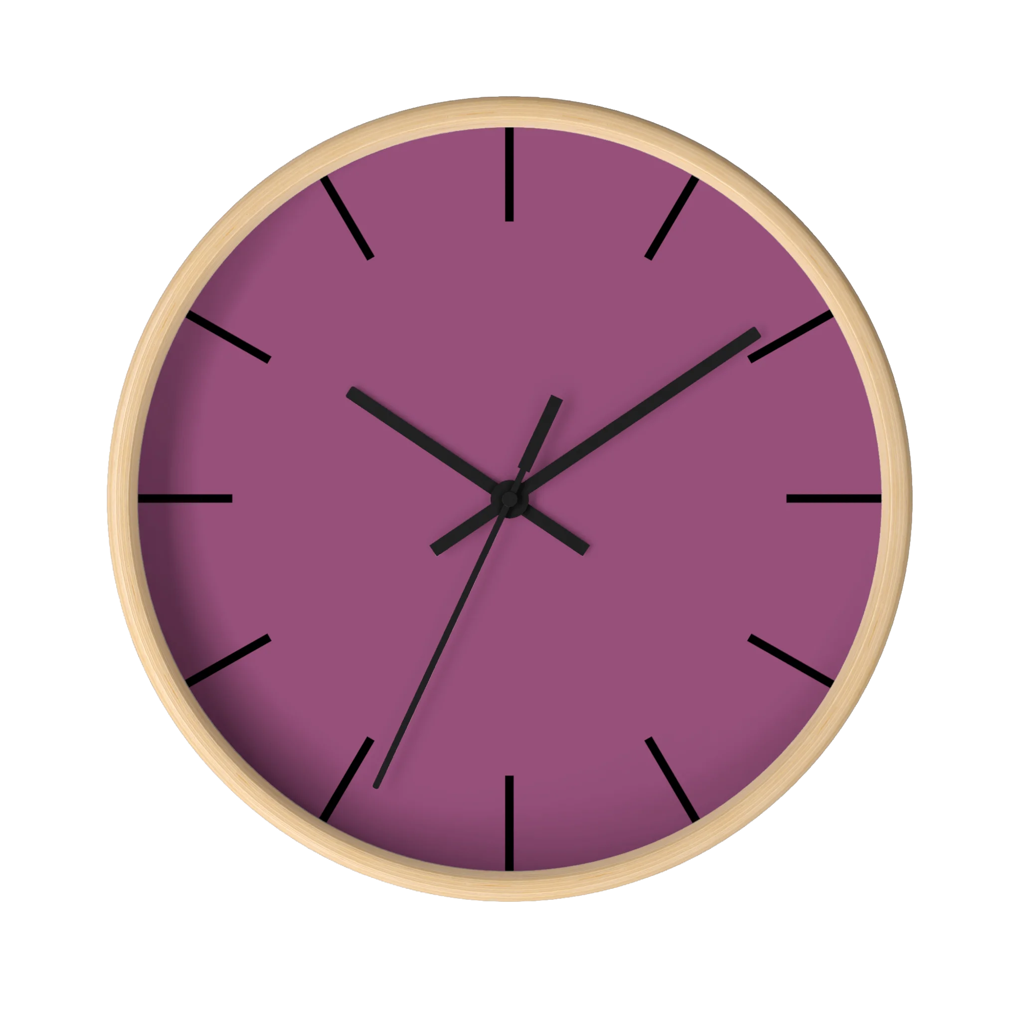 Lavender red plum silent wall clock, wooden base, black hands, black markers, 10 inch, front view.
