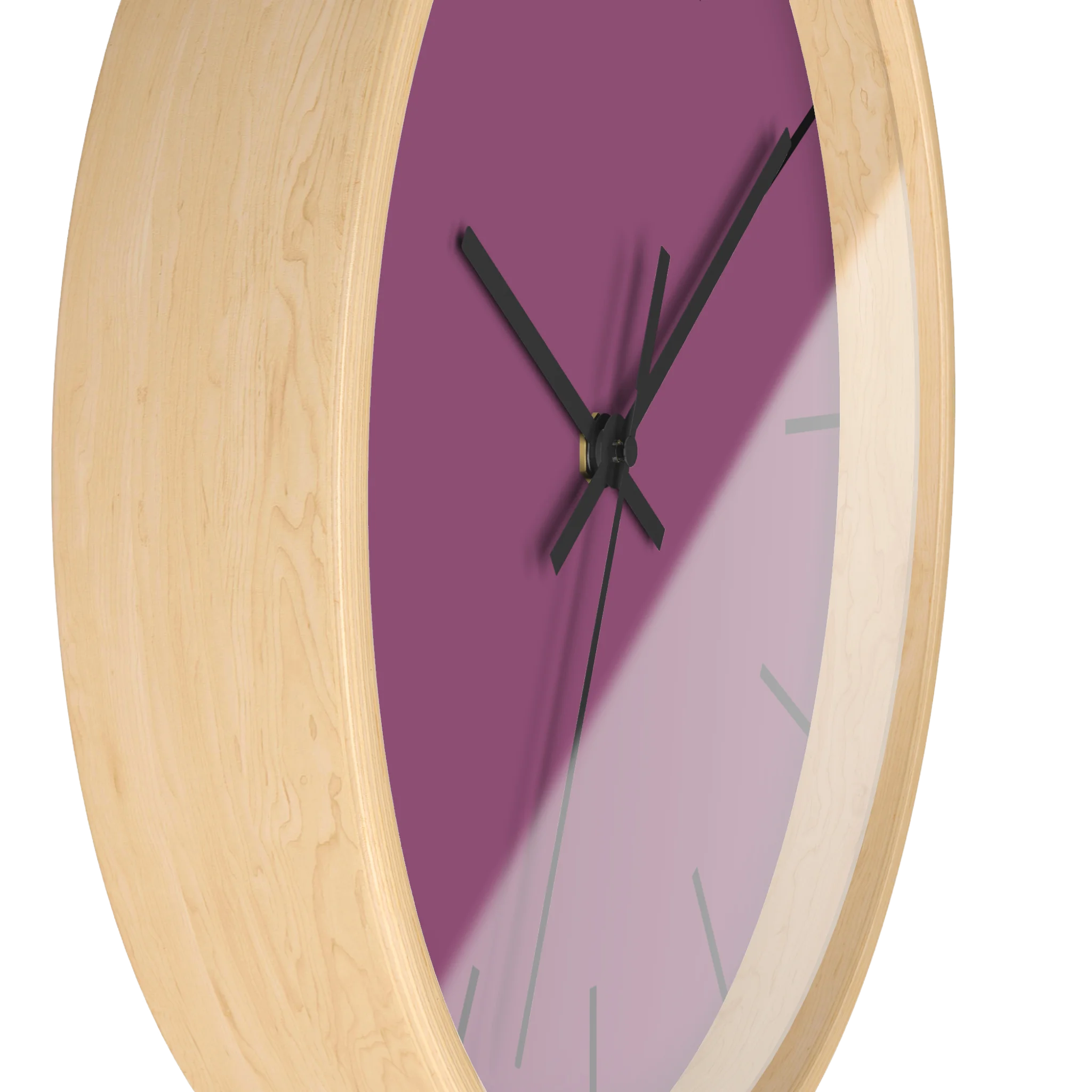 Lavender red plum silent wall clock, wooden base, black hands, black markers, 10 inch, side view.