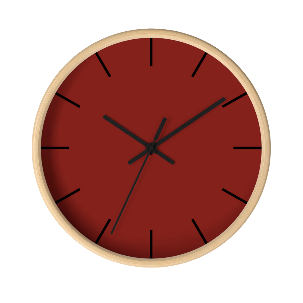 Maroon bloodstone red silent wall clock, wooden base, black hands, black markers, 10 inch, front view.