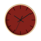 Maroon bloodstone red silent wall clock, wooden base, black hands, black markers, 10 inch, front view.