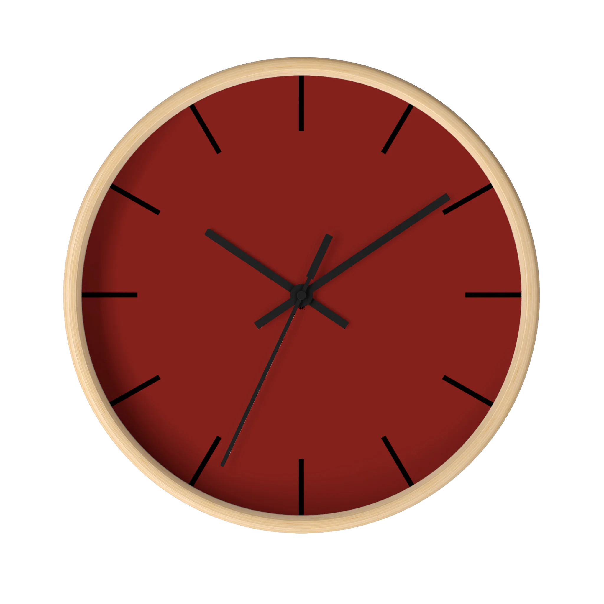 Maroon bloodstone red silent wall clock, wooden base, black hands, black markers, 10 inch, front view.