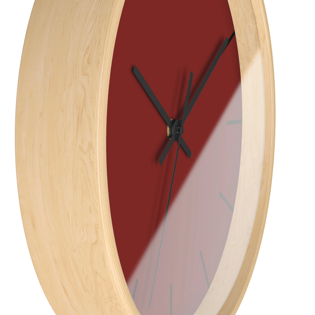Maroon bloodstone red silent wall clock, wooden base, black hands, black markers, 10 inch, side view.