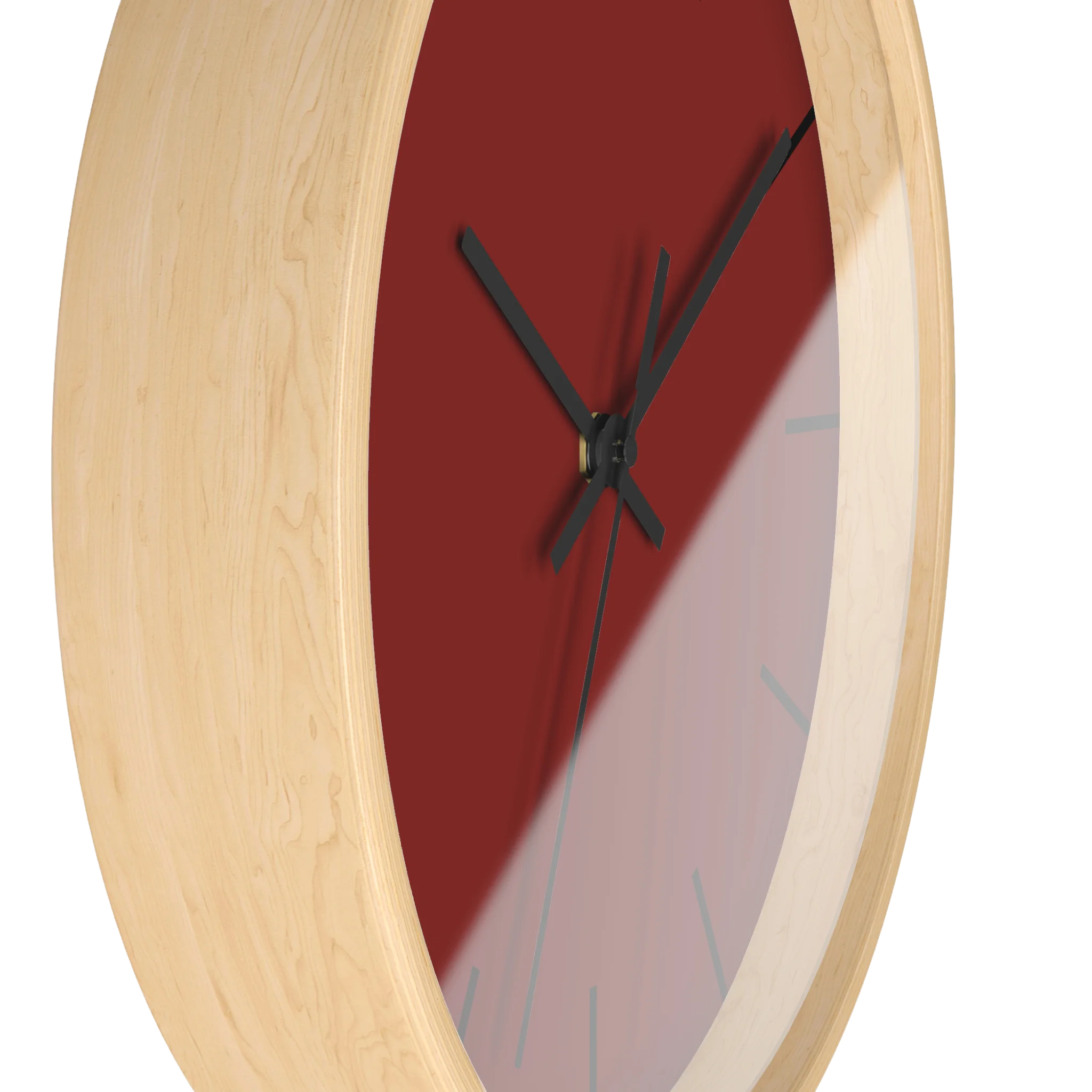 Maroon bloodstone red silent wall clock, wooden base, black hands, black markers, 10 inch, side view.