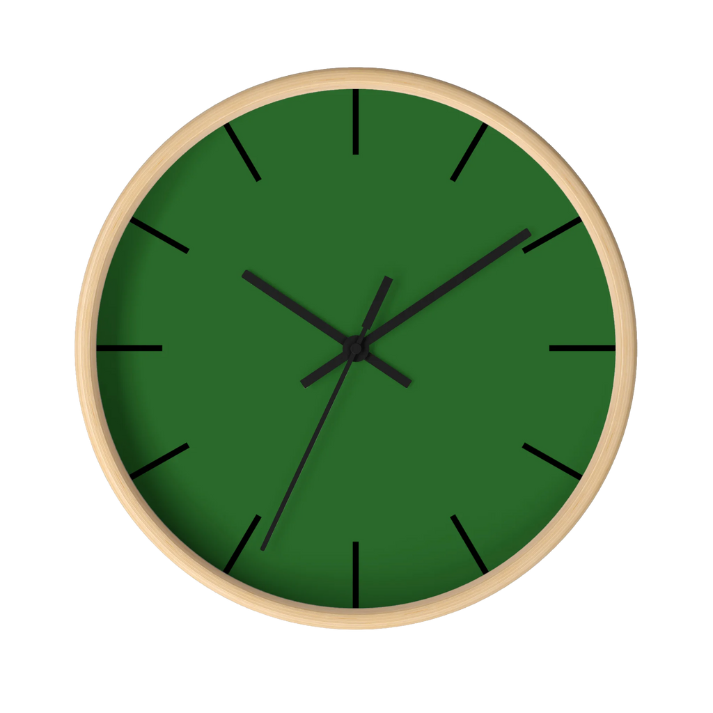 Mughal green silent wall clock, wooden base, black hands, black markers, 10 inch, front view.