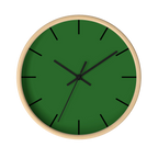 Mughal green silent wall clock, wooden base, black hands, black markers, 10 inch, front view.