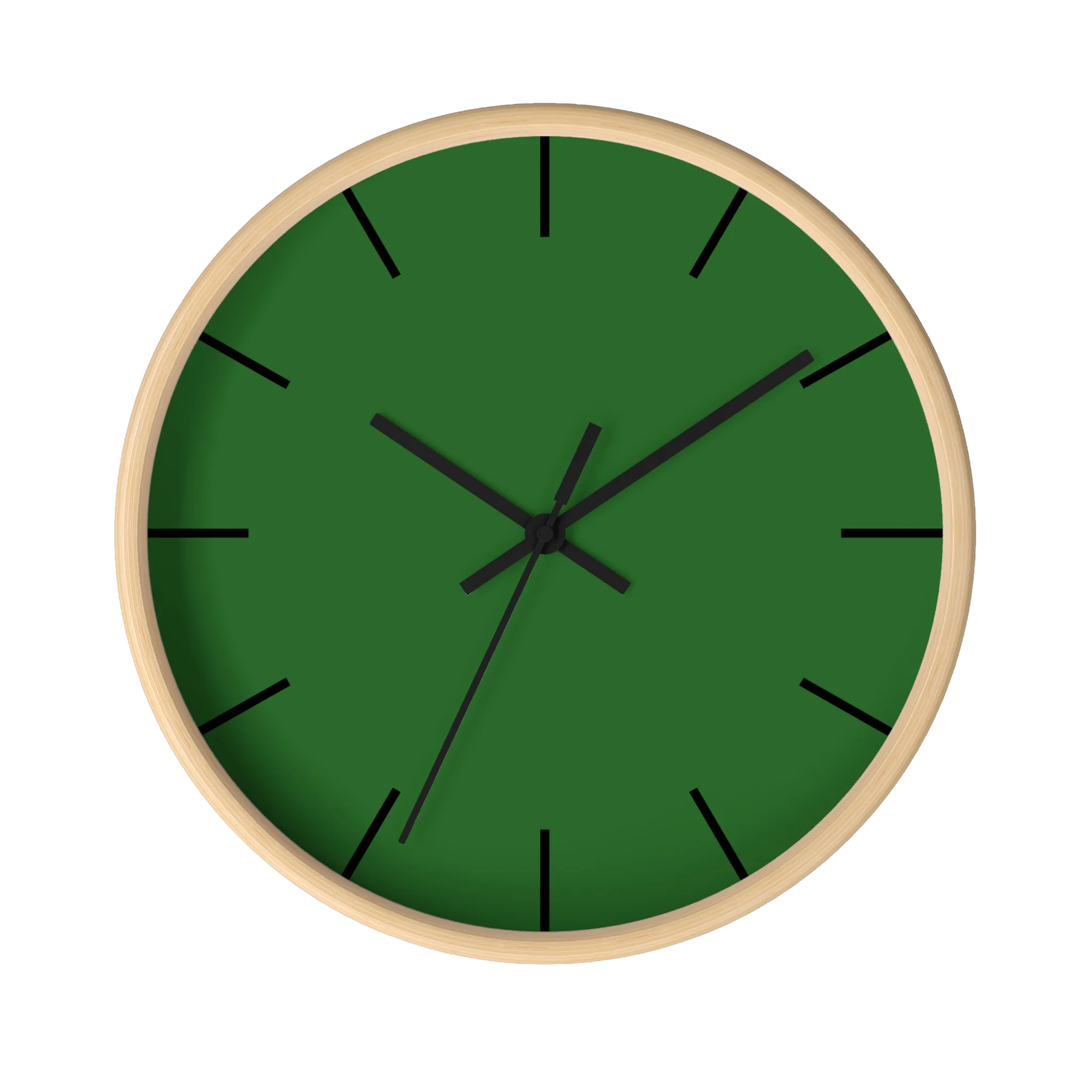 Mughal green silent wall clock, wood base, black hands, black markers, 10 inch, front view.