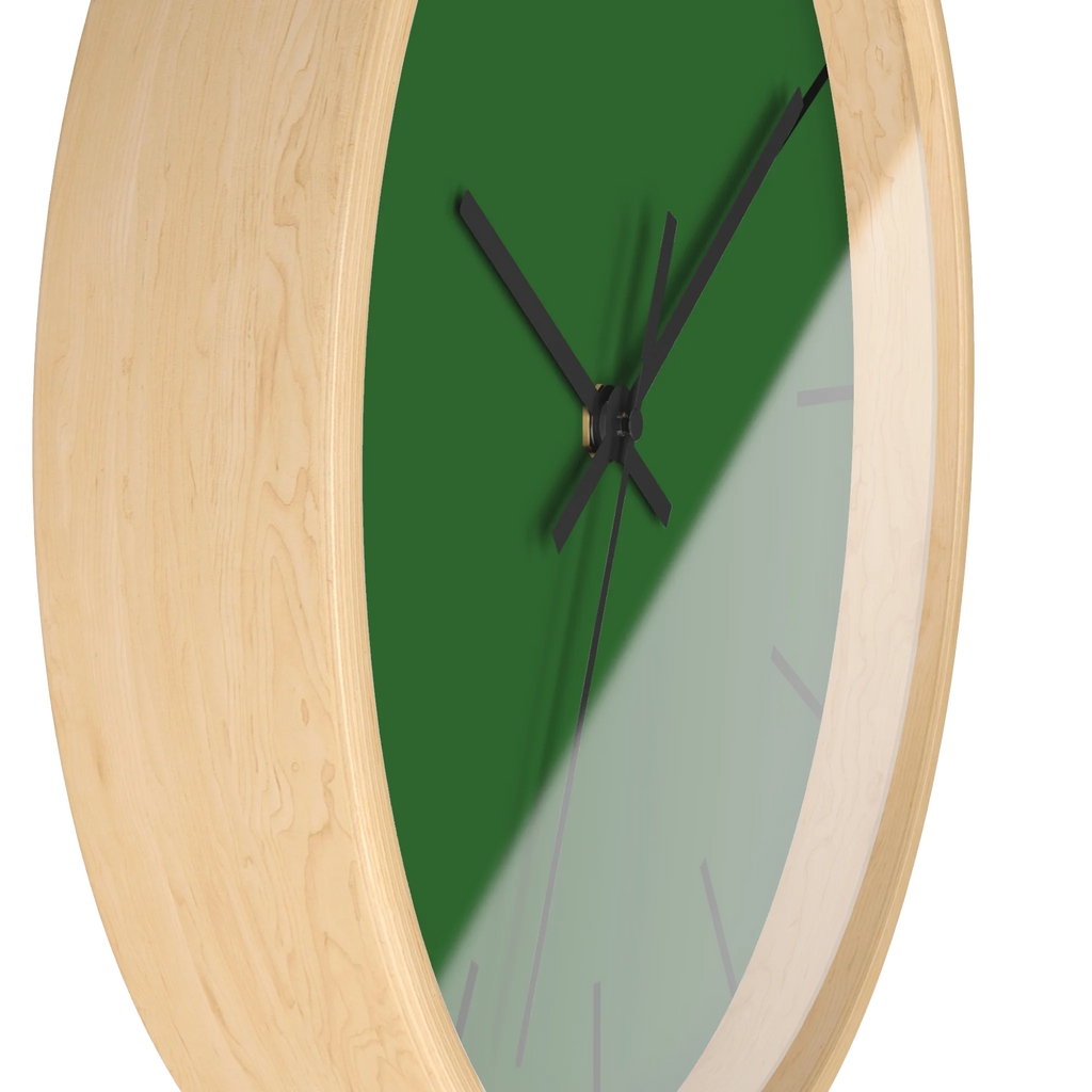 Mughal green silent wall clock, wooden base, black hands, black markers, 10 inch, side view.
