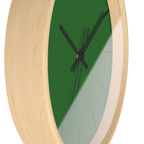 Mughal green silent wall clock, wooden base, black hands, black markers, 10 inch, side view.