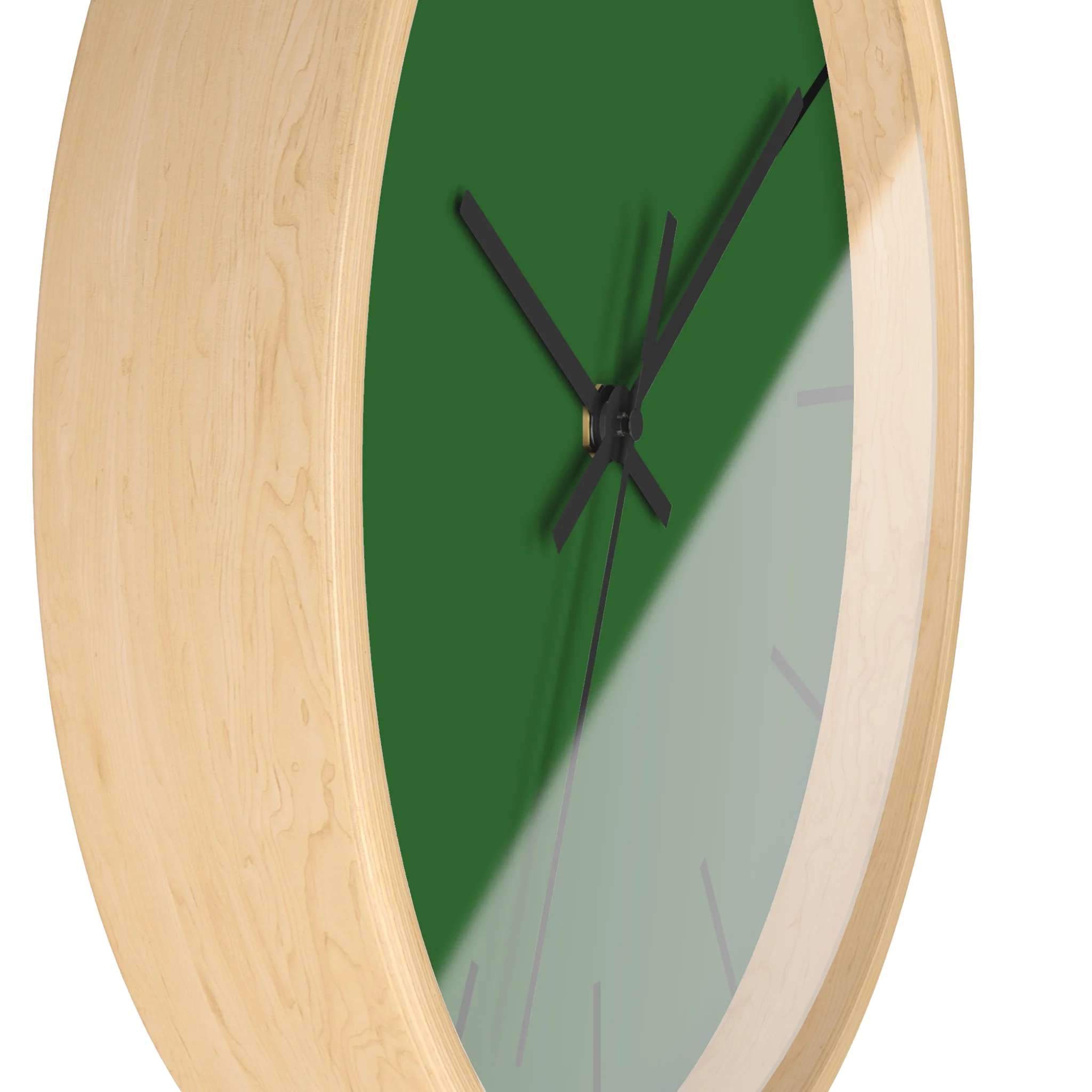 Mughal green silent wall clock, wooden base, black hands, black markers, 10 inch, side view.