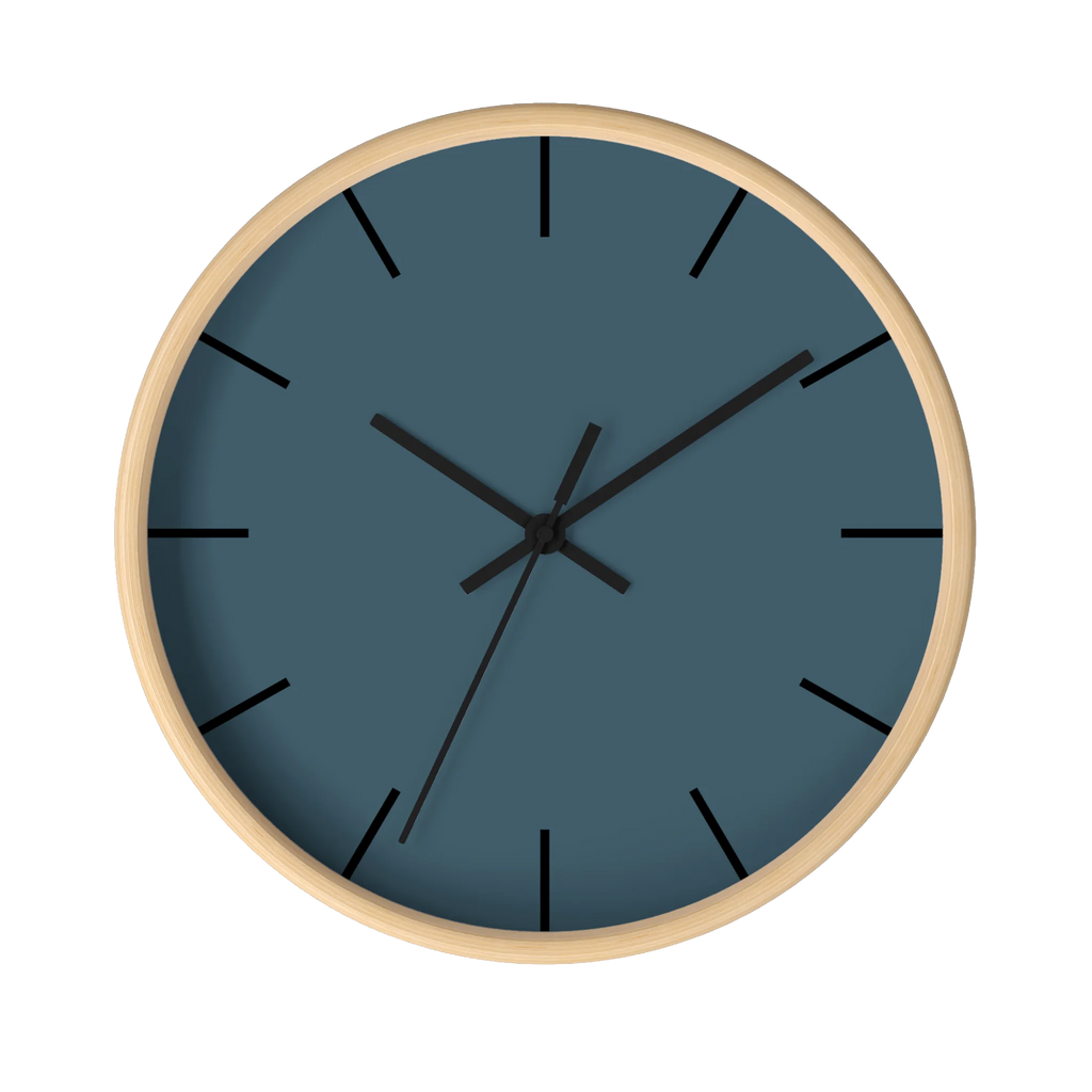 Navy blue slate silent wall clock, wooden base, black hands, black markers, 10 inch, front view.