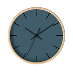 Navy blue slate silent wall clock, wooden base, black hands, black markers, 10 inch, front view.