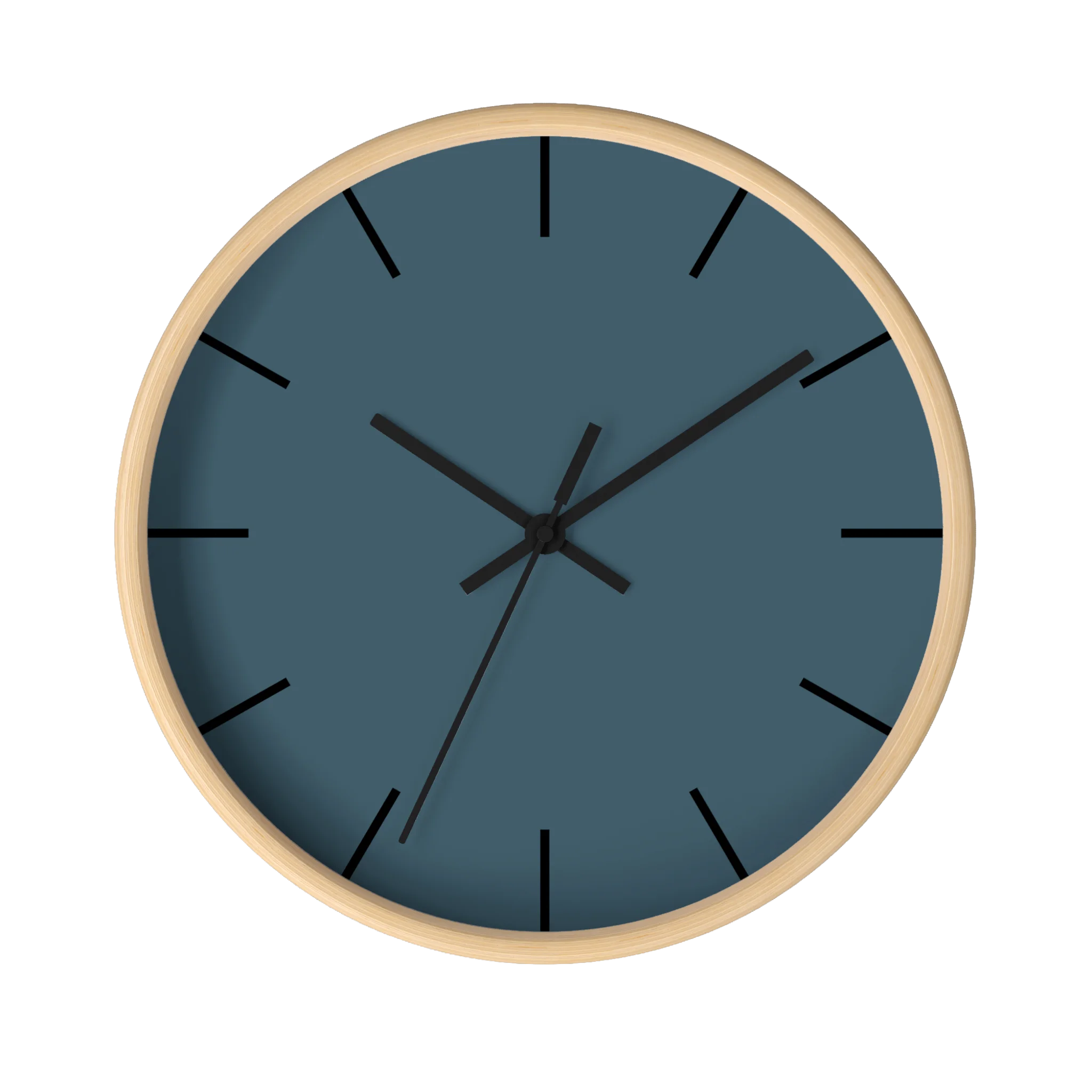 Navy blue slate silent wall clock, wooden base, black hands, black markers, 10 inch, front view.