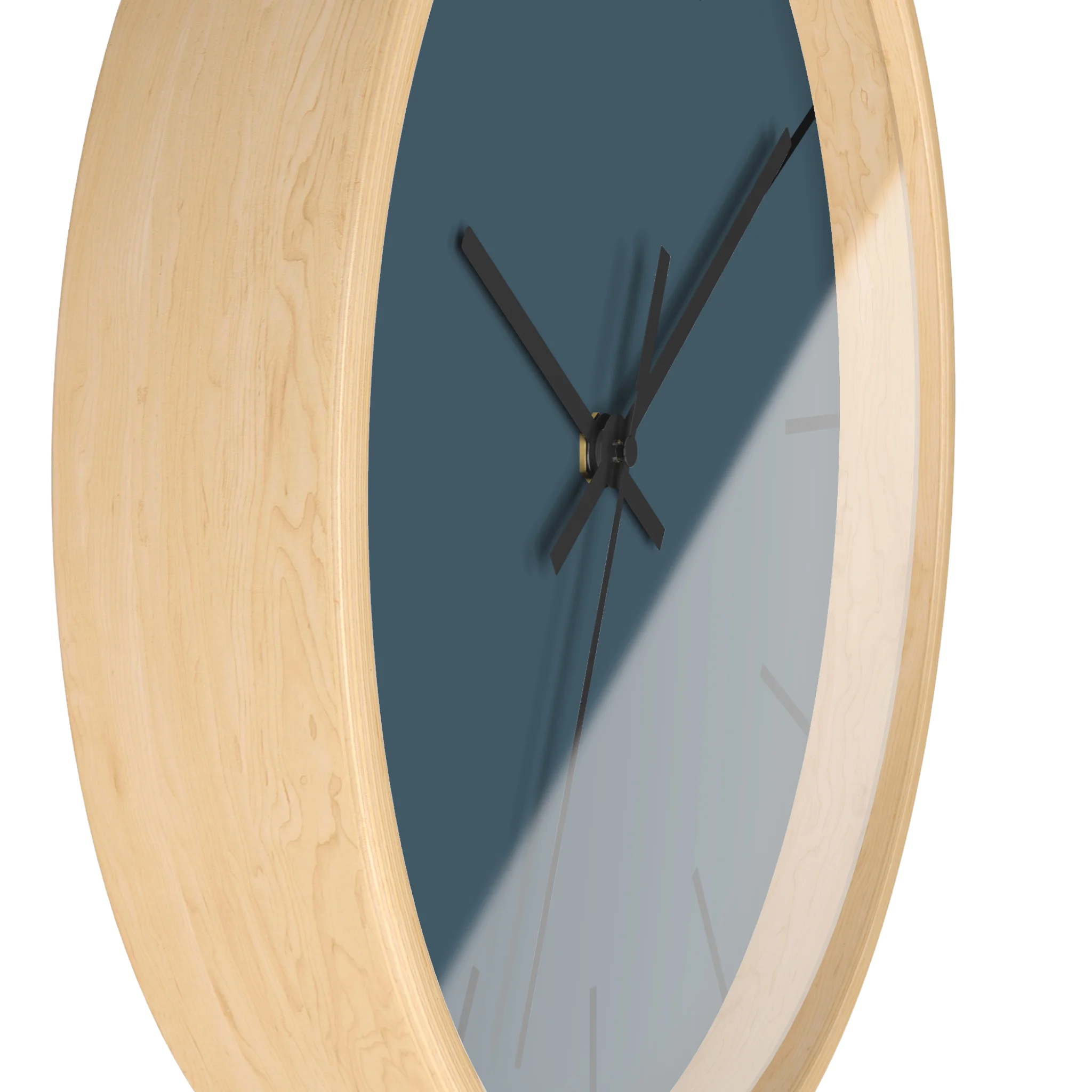 Navy blue slate silent wall clock, wooden base, black hands, black markers, 10 inch, side view.