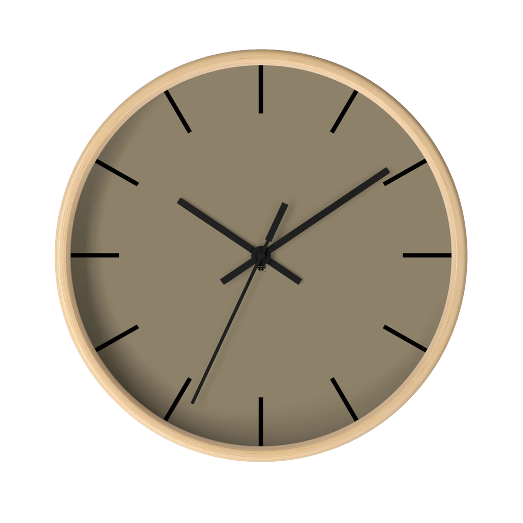 Neutral taupe silent wall clock, wooden base, black hands, black markers, 10 inch, front view.