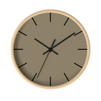 Neutral taupe silent wall clock, wooden base, black hands, black markers, 10 inch, front view.