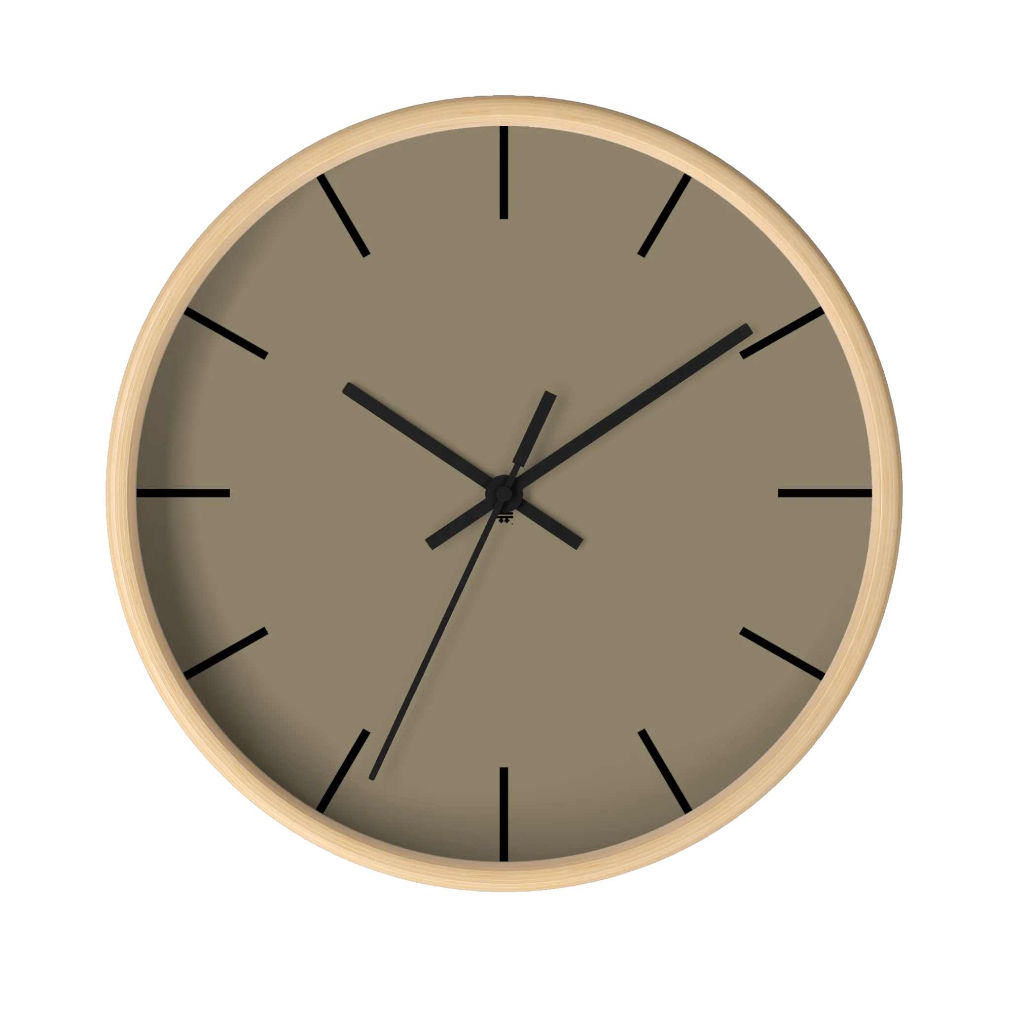 Neutral taupe silent wall clock, wooden base, black hands, black markers, 10 inch, front view.