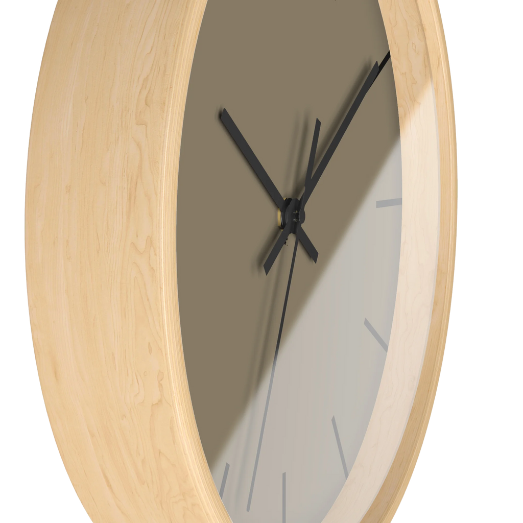 Neutral taupe silent wall clock, wooden base, black hands, black markers, 10 inch, side view.