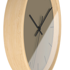 Neutral taupe silent wall clock, wooden base, black hands, black markers, 10 inch, side view.