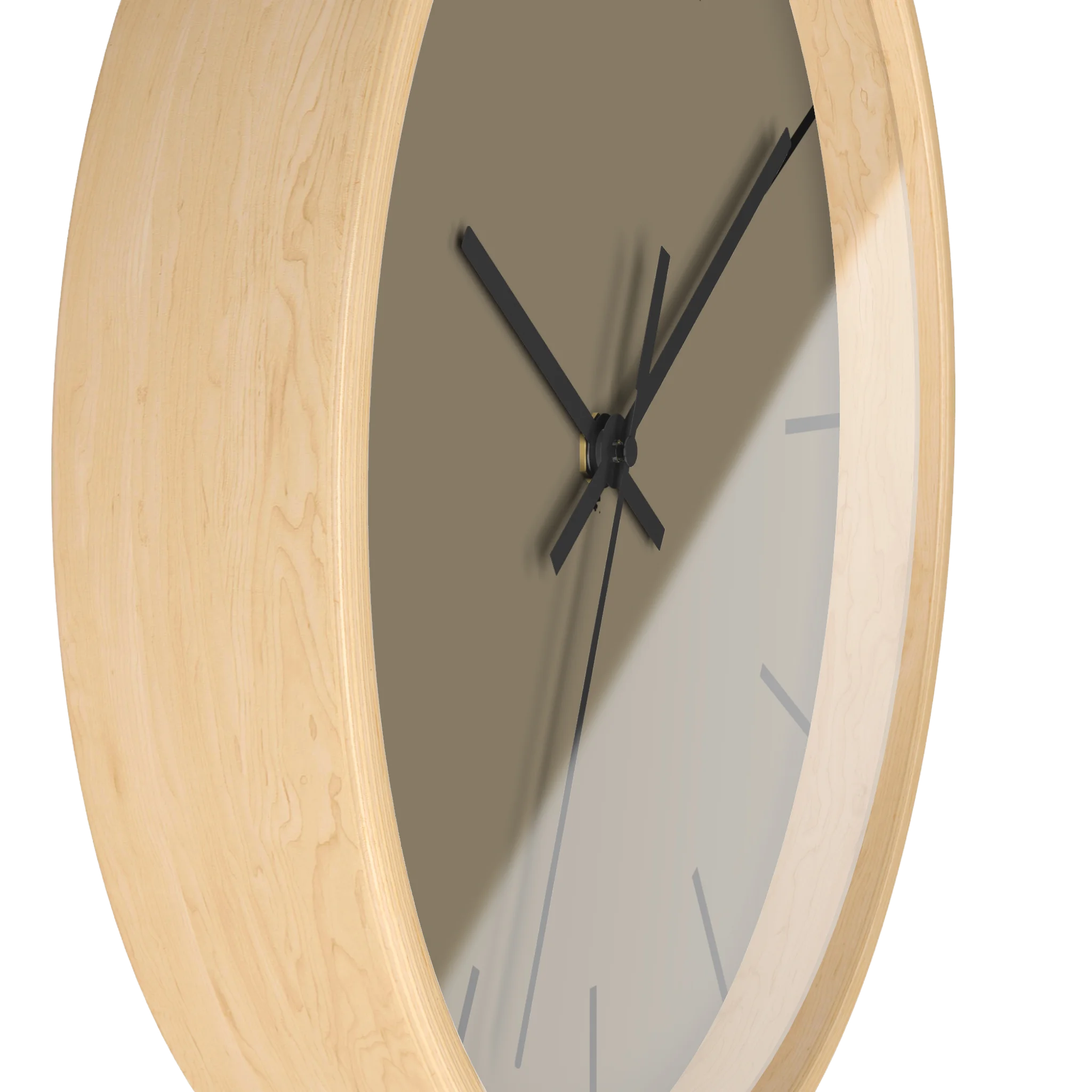 Neutral taupe silent wall clock, wooden base, black hands, black markers, 10 inch, side view.