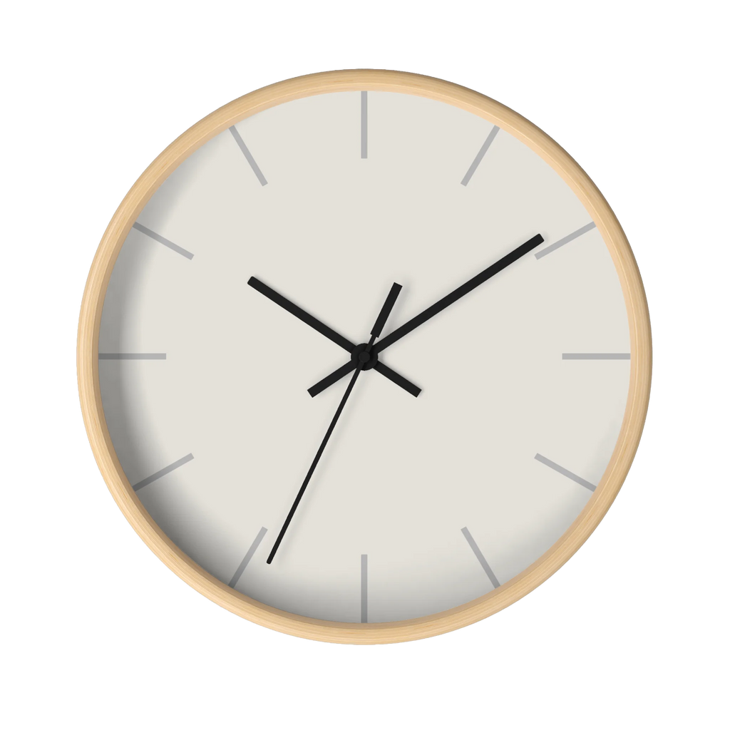 Off white silent wall clock, wooden base, black hands, light grey markers, 10 inch, front view.