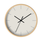 Off white silent wall clock, wooden base, black hands, light grey markers, 10 inch, front view.