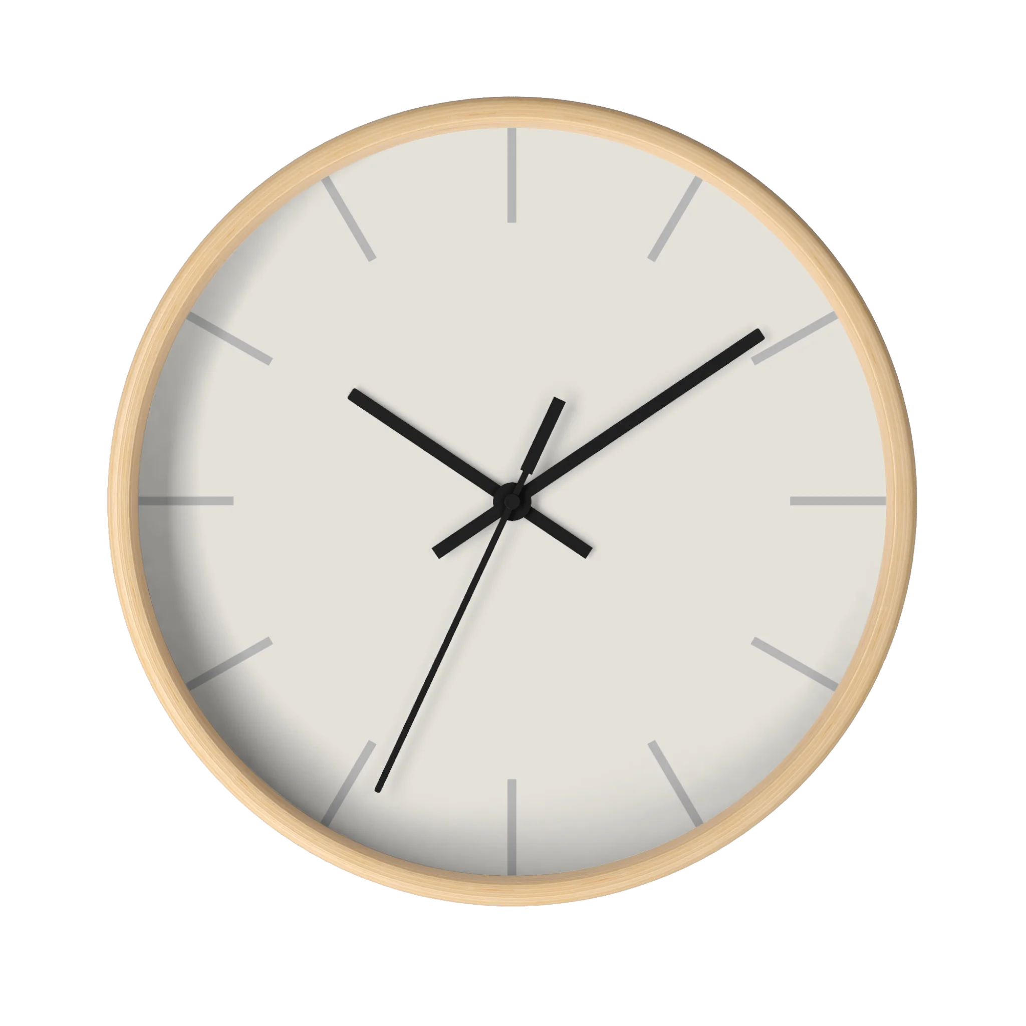 Off white silent wall clock, wooden base, black hands, light grey markers, 10 inch, front view.