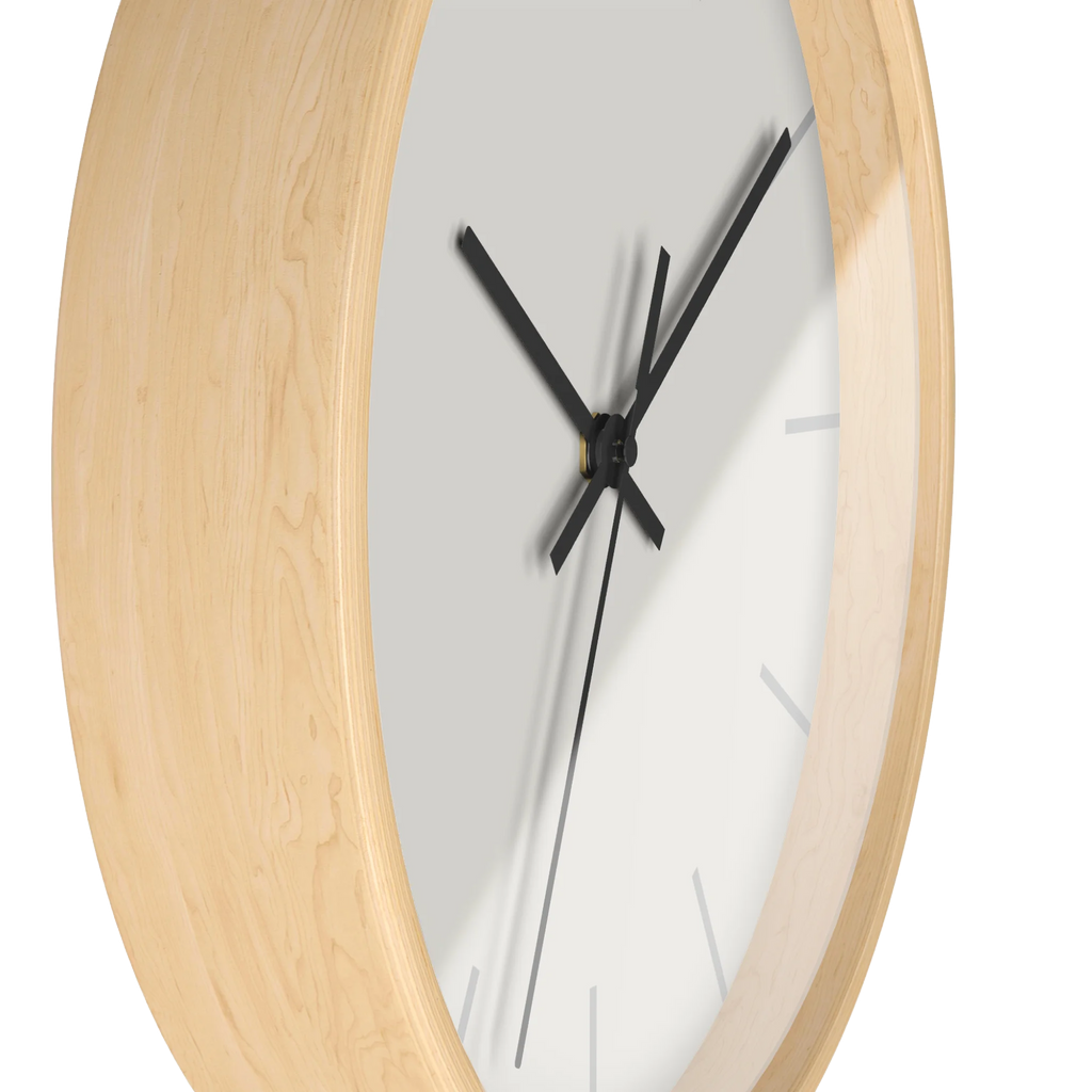Off white silent wall clock, wooden base, black hands, light grey markers, 10 inch, side view.