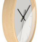 Off white silent wall clock, wooden base, black hands, light grey markers, 10 inch, side view.