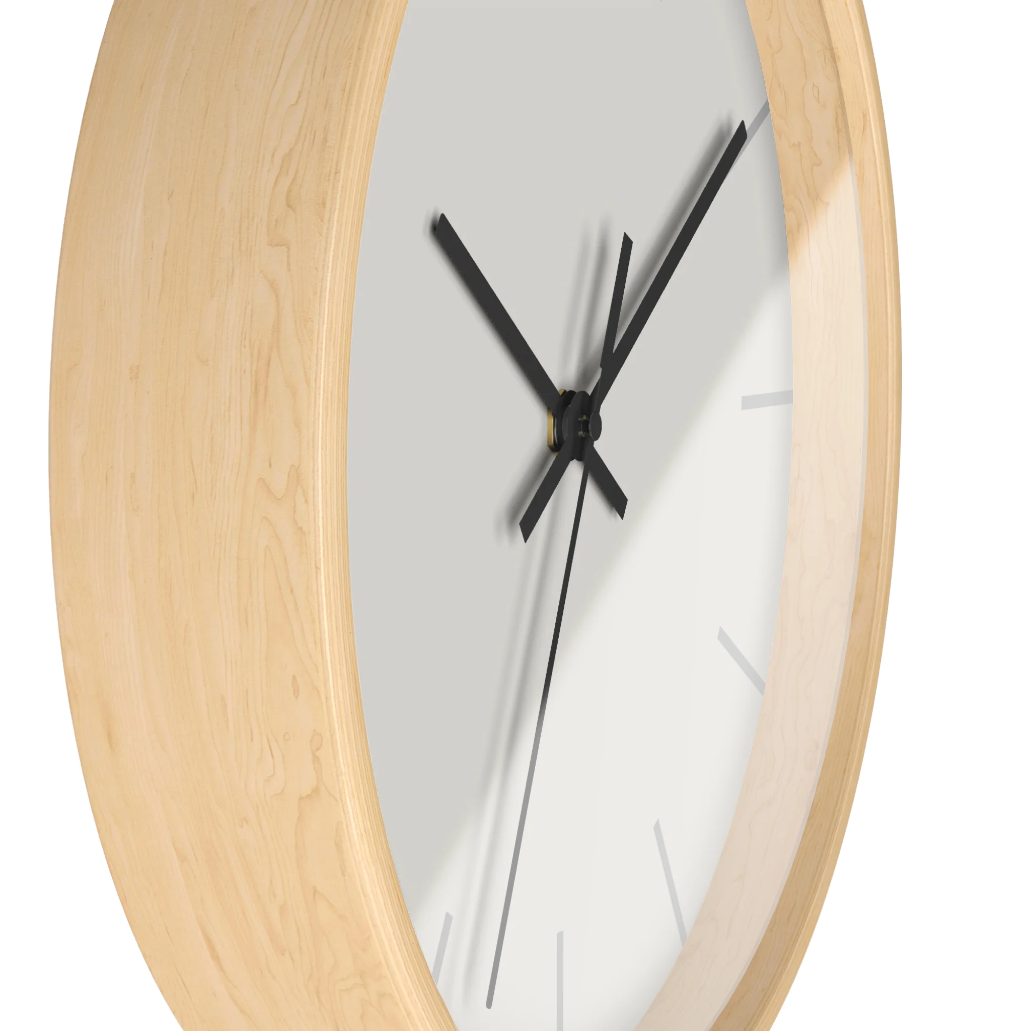 Off white silent wall clock, wooden base, black hands, light grey markers, 10 inch, side view.