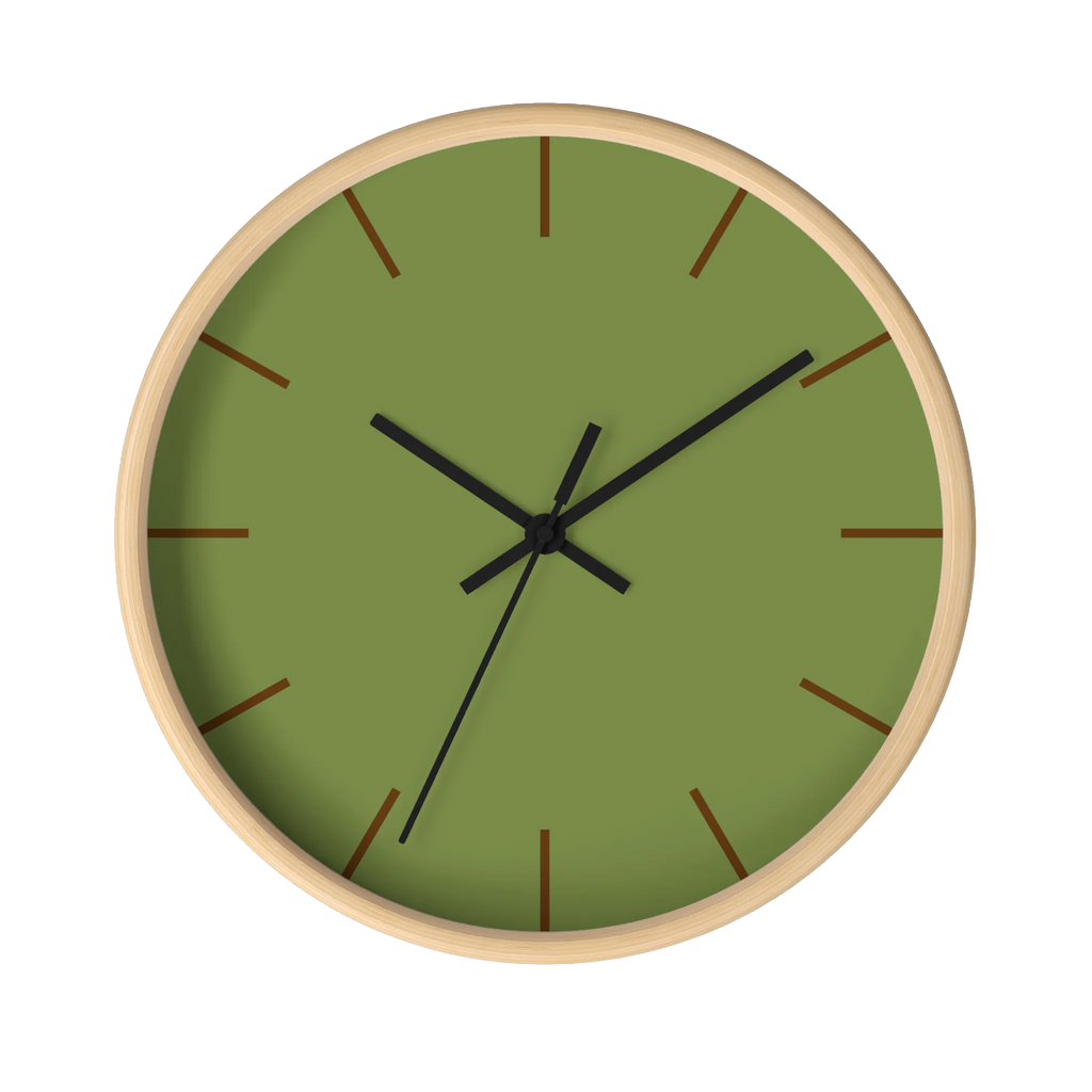 Olive green silent wall clock, wooden base, black hands, saddle brown markers, 10 inch, front view.