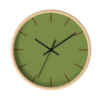 Olive green silent wall clock, wooden base, black hands, saddle brown markers, 10 inch, front view.