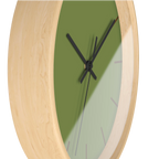 Olive green silent wall clock, wooden base, black hands, saddle brown markers, 10 inch, side view.