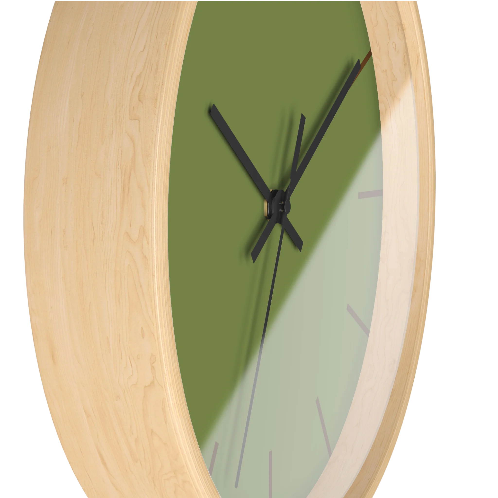 Olive green silent wall clock, wooden base, black hands, saddle brown markers, 10 inch, side view.