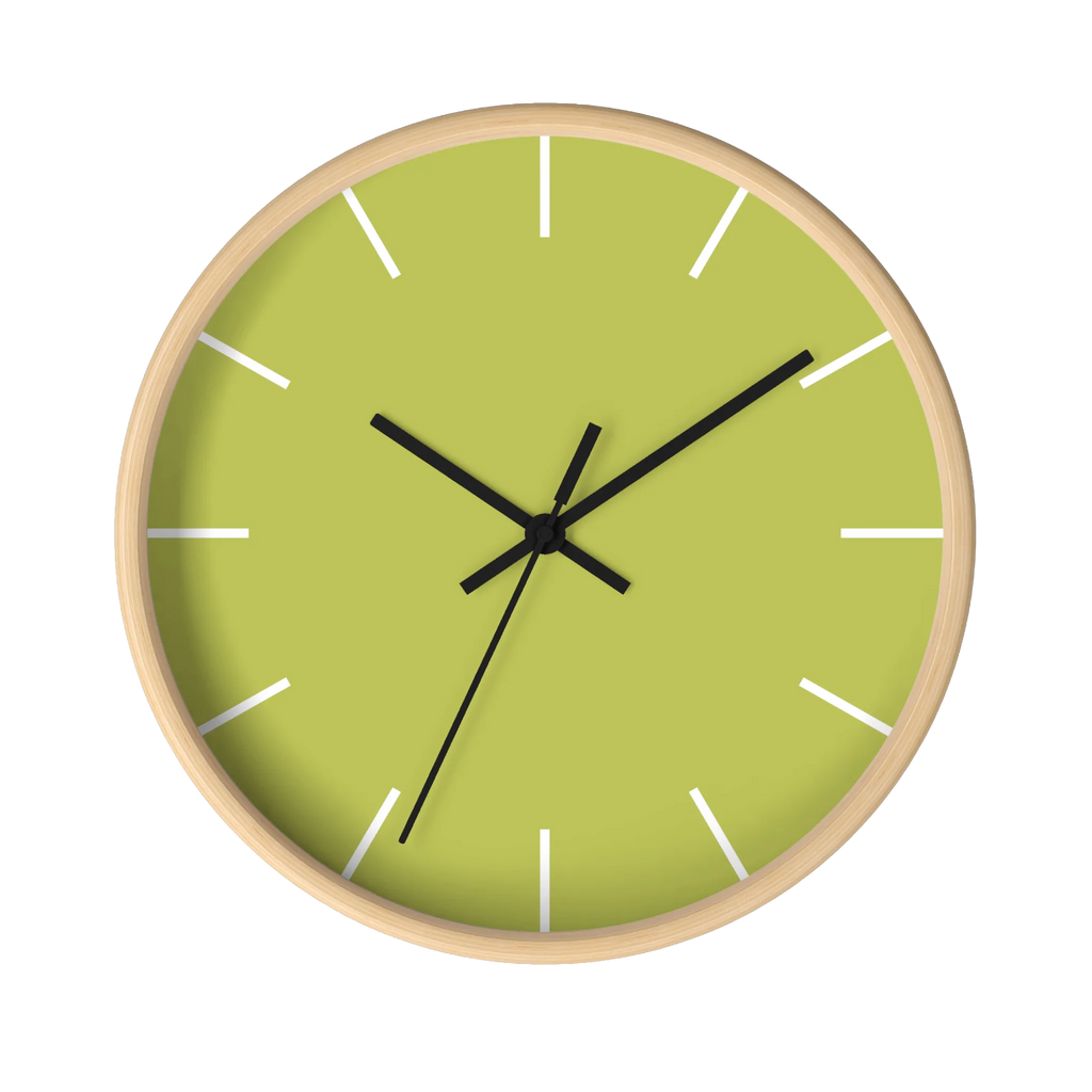 Orchid lime green silent wall clock, wooden base, black hands, white markers, 10 inch, front view.