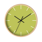 Orchid lime green silent wall clock, wooden base, black hands, white markers, 10 inch, front view.