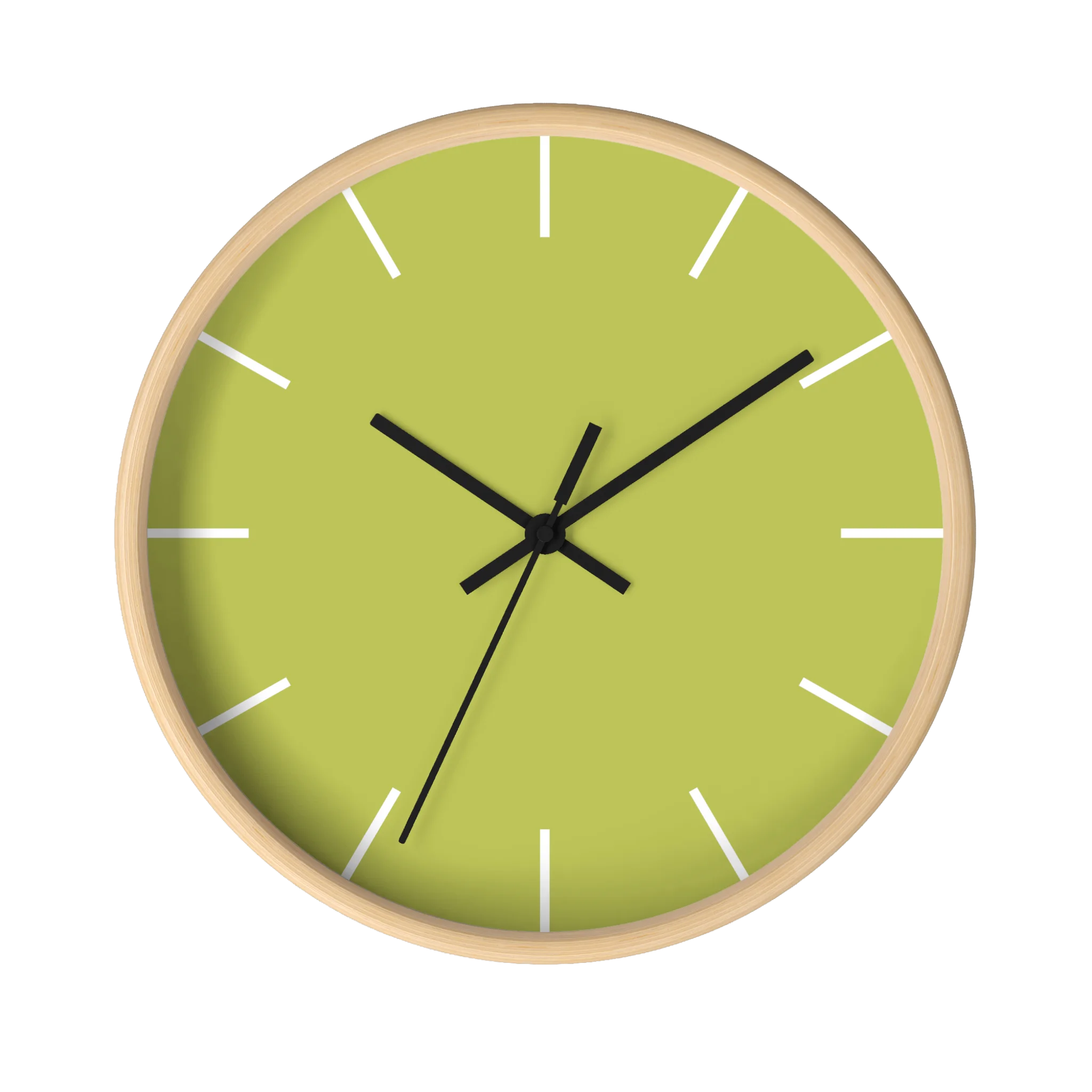 Orchid lime green silent wall clock, wooden base, black hands, white markers, 10 inch, front view.